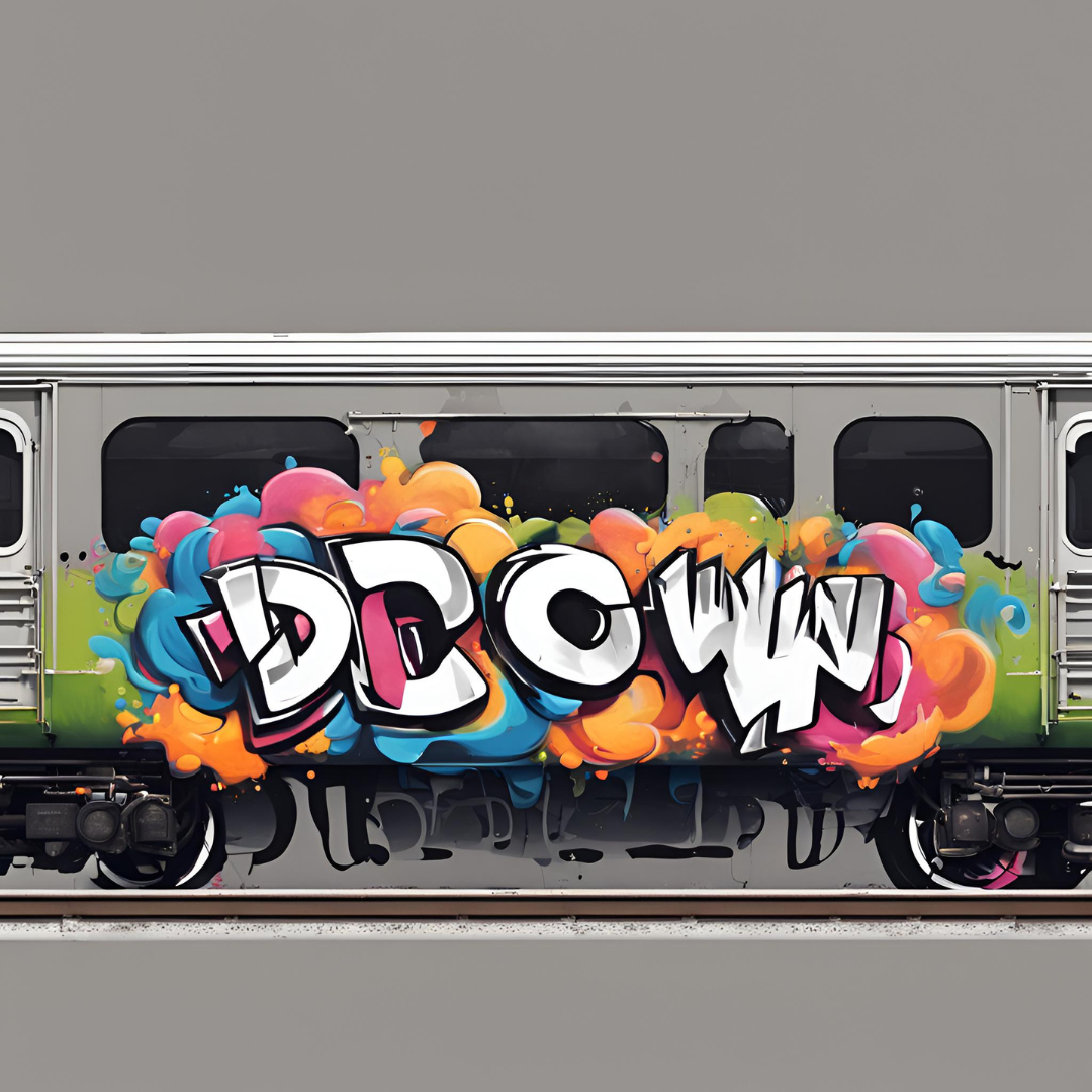 DCOW Written in Graffiti on the side of a train carriage